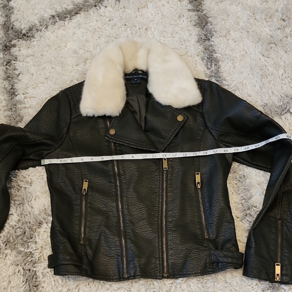 French Connection Dark Olive Faux Leather Jacket with White Fur Collar - Picture 7 of 8